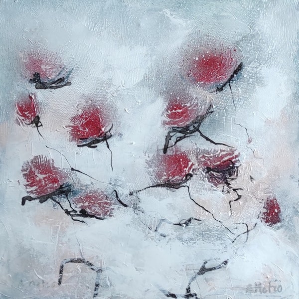 Tableau original de fleurs, roses rouges, peinture contemporaine.