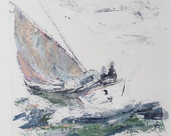 May include: Abstract painting of a sailboat on a stormy sea. The artwork features a white background with a sailboat rendered in shades of gray, blue, and beige. The waves are depicted with thick brushstrokes of white and green.