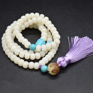 Ivory White Bodhi Root Rondelle Beads with Hand Carved Lotus Bead - 108 Mala Prayer Beads - 8mm x 6mm