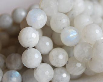 Natural Rainbow Moonstone FACETED Semi-precious Gemstone Round Beads - 6mm, 8mm, 10mm sizes - 15" strand