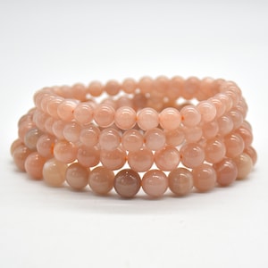 Peach Moonstone Gemstone Round Beads Bracelet Sample Strand - 6mm or 8mm sizes - 7.5&quot; long