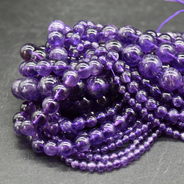 Amethyst runde Perlen - 4mm, 6mm, 8mm, 10mm 12mm Größen - 15 "Strang - natürlicher Halbedelstein