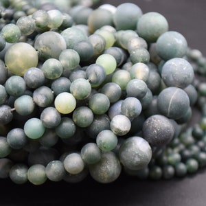 Green Moss Agate Frosted MATTE Round Beads - 4mm, 6mm, 8mm, 10mm sizes - 15" Strand - Semi-precious Gemstone