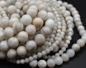 White Lace Agate Round Beads - 4mm, 6mm, 8mm, 10mm sizes - 15" Strand - Semi-precious Gemstone