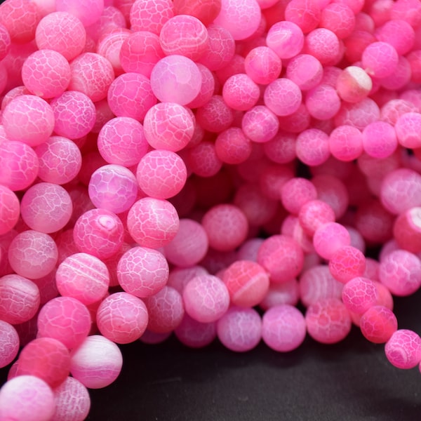 Crackle Pink Agate Frosted MATTE Round Beads - 4mm, 6mm, 8mm, 10mm sizes - 15" Strand - Semi-precious Gemstone