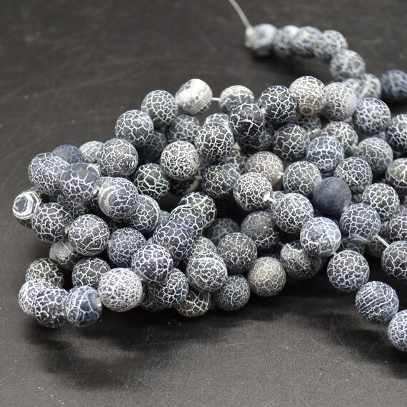 Crackle Black Agate MATTE Semi precious Gemstone Round Beads 4mm