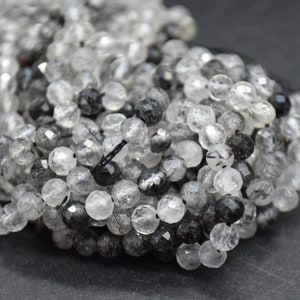 4mm Tourmalinated Quartz Gemstone FACETED Round Beads - 15&quot; strand | Semi-precious Gemstone Beads for Jewellery Making