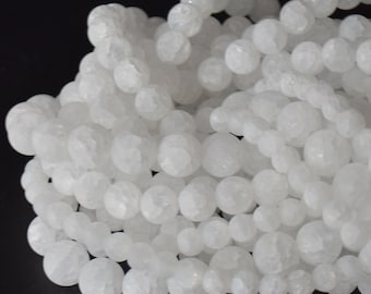 Koraliki kryształowe Crackle Clear Quartz Frosted MATT Round Beads - 4 mm, 6 mm, 8 mm, 10 mm - 14" Strand - Materiały do wyrobu biżuterii | Koraliki kryształowe