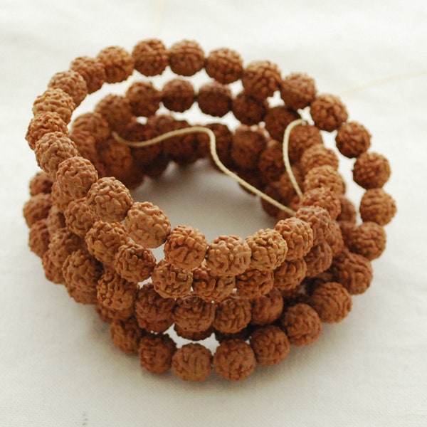 Indonesian 5 Faced Muhki Rudraksha Seed Round Wood Beads - 108 Mala Prayer Beads - 6mm - 7mm