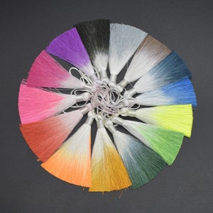 Puede incluir: Una colección de 15 borlas de flecos de color degradado con puntas blancas. Las borlas están dispuestas en círculo sobre un fondo negro.