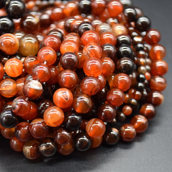 Perles rondes en agate sardonyx (orange, noire) - 4 mm, 6 mm, 8 mm, 10 mm - brin 15 po. - Pierre semi-précieuse