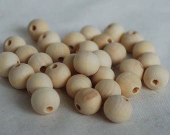 Perles en bois rondes unies - Brut / Non traité - 50 perles en bois rondes - Taille 12 mm