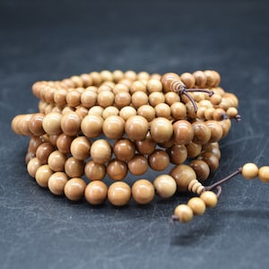 Mysore Sandalwood Round Wood Beads - 108 Mala Prayer Beads - 6mm, 8mm Sizes