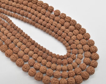 Puede incluir: Una colección de cuentas redondas marrones hechas de semillas de Rudraksha. Las cuentas son de diferentes tamaños y están enhebradas en un hilo rojo delgado.