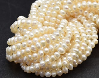 Perlas de agua dulce - Perlas redondas de patata - Blanco roto - 3,5 mm - 4 mm - Tira de 35,5 cm - Para bisutería - Collares y pulseras DIY