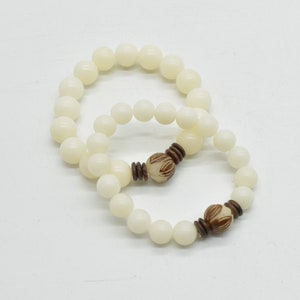 Ivory White Bodhi Root Carved Lotus Flower Wood Beadss Bracelet Sample Strand  - Mala Prayer Beads - 9mm 12mm Sizes