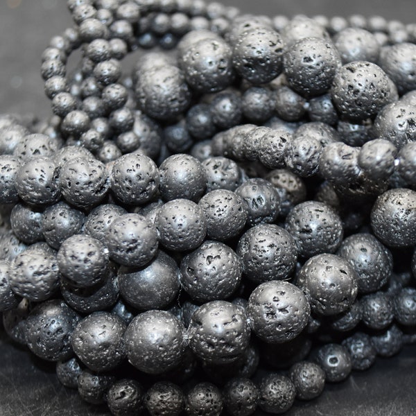 Black Lava Round Beads - 4mm, 6mm, 8mm, 10mm, 12mm sizes - 15" Strand - Natural Semi-precious Gemstone