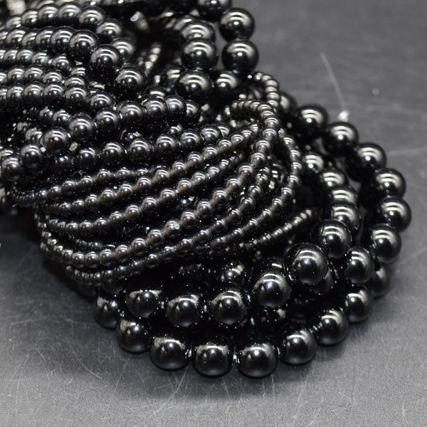 Perles rondes en obsidienne noire - tailles 4 mm, 6 mm, 8 mm, 10 mm - brin 15 po. - Pierre semi-précieuse naturelle
