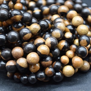 Yellow Black YinYang Sandalwood Round Wood Beads - 108 Mala Prayer Beads - 6mm, 8mm
