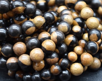 Yellow Black YinYang Sandalwood Round Wood Beads - 108 Mala Prayer Beads - 6mm, 8mm