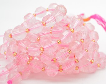 Rose Quartz Gemstone Double Tip FACETED Round Beads - 9mm x 10mm - 15" strand