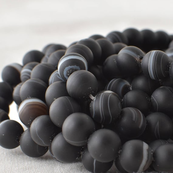 Black Agate, White Banded Beads - 8mm