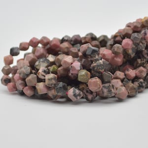 Rhodonite Star Cut Faceted Round Beads - 6mm, 8mm sizes - 14&quot; Strand - Natural Gemstone Beads for Jewellery Making | Crystal Beads