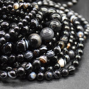 Banded Black Agate Round Beads - 4mm, 6mm, 8mm, 10mm sizes - 14" Strand - Gemstone Beads for Jewellery Making | Crystal Beads