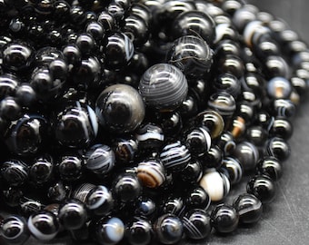Banded Black Agate Round Beads - 4mm, 6mm, 8mm, 10mm sizes - 14" Strand - Gemstone Beads for Jewellery Making | Crystal Beads