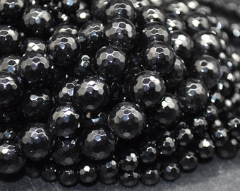 Black Agate Onyx FACETED Round Beads - 6mm, 8mm, 10mm sizes - 15" Strand - Semi-precious Gemstone