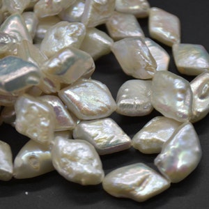 Freshwater Pearl Beads - Irregular Rhombus Shaped - White with Pink Tone Iridescent Hues - 17mm x 10mm - 15&quot; Strand - For Jewellery Making