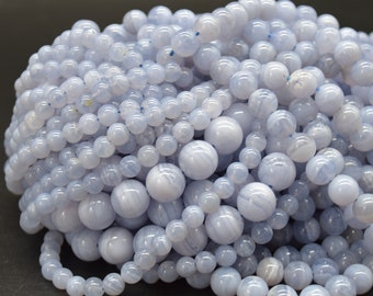 Koraliki z agatu koronkowego Blue Lace Round Beads - rozmiary 4 mm, 6 mm, 8 mm, 10 mm - sznur 14" - naturalne koraliki z kamieni szlachetnych do wyrobu biżuterii | Koraliki kryształowe
