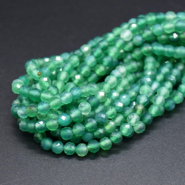 4mm Green Agate Gemstone FACETED Round Beads - 15" Strand