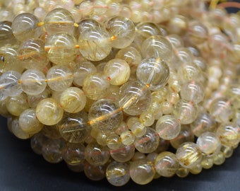 Perle rotonde di quarzo rutilato dorato - 4, 6, 8, 9, 10 mm - Filo da 14" - Pietra preziosa naturale per la creazione di gioielli