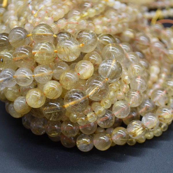 Golden Rutilated Quartz Round Beads - 4mm, 6mm, 8mm, 10mm sizes - 15" Strand - Natural Semi-precious Gemstone