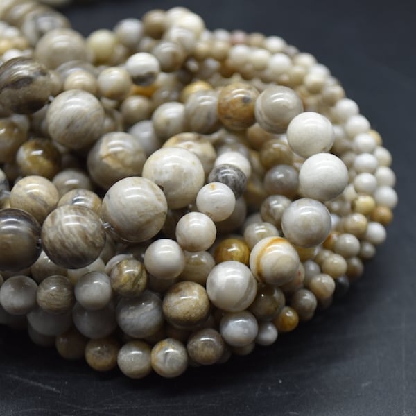 Silver Leaf Jasper (grey) Round Beads - 4mm, 6mm, 8mm, 10mm sizes - 15" Strand - Natural Semi-precious Gemstone