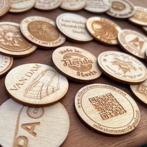100 Custom 2-Sided 1.5&quot; Laser Engraved Wooden Tokens