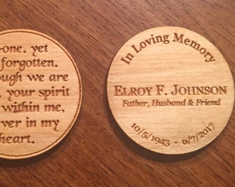 Memorial Tokens - Custom Wooden Tokens become heirlooms - 100 count, RUSH service available