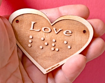 5 Braille Valentines - Wooden Hearts with LOVE, Gift for the Visually Impaired and Blind, Laser Engraved, Sight Impaired, Low Vision