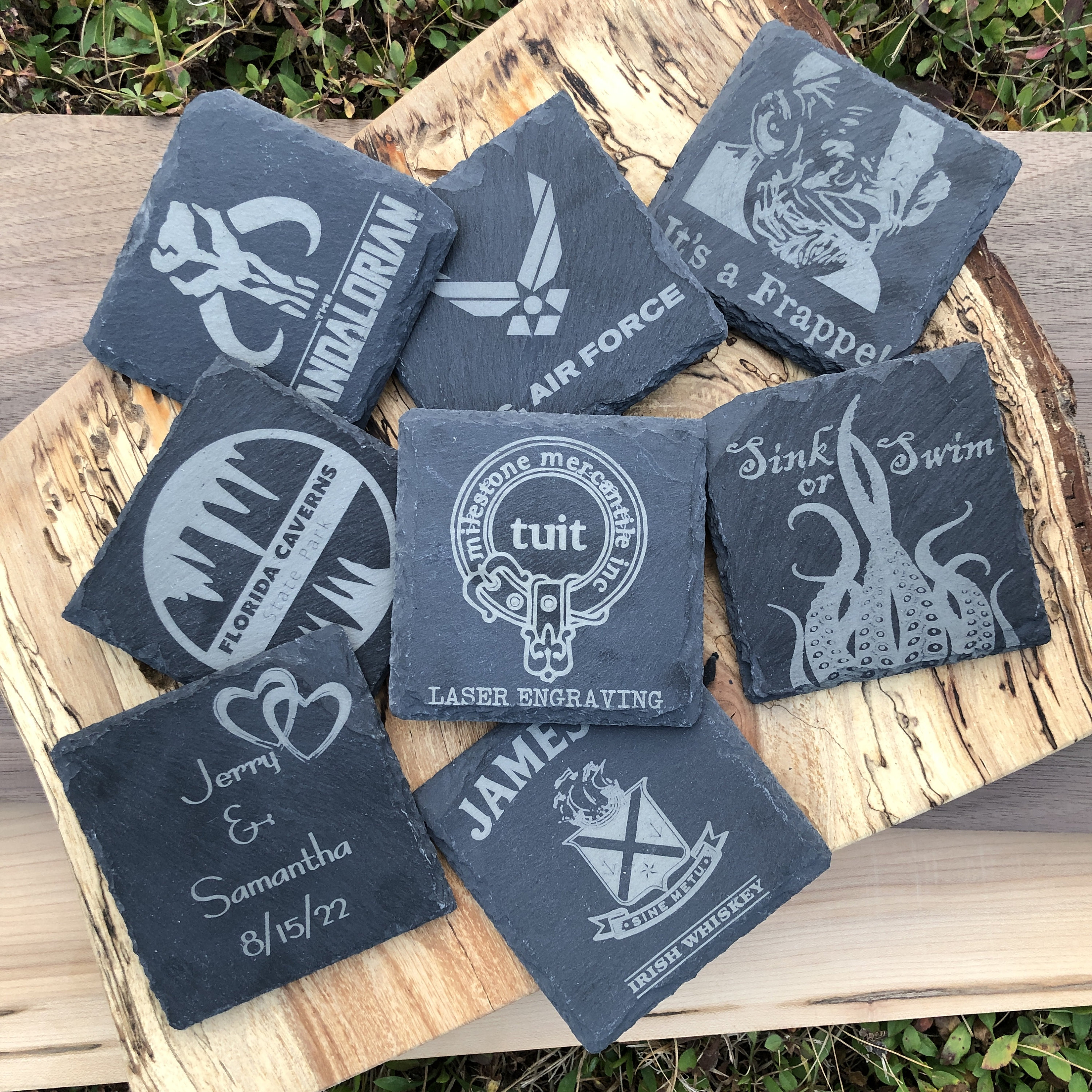 Custom Laser Engraved Slate Coasters 4" Round or Square!