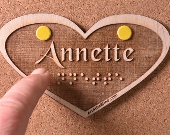Custom Tactile Art - Wooden Heart with Name & Braille Raised, Gift for the Visually Impaired and Blind, Laser Engraved, Sight Impaired