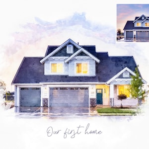 Aquarel huis van foto, gepersonaliseerd eerste huiscadeau, custom housewarmingcadeau, afdrukbaar huisportret, slotcadeau makelaar