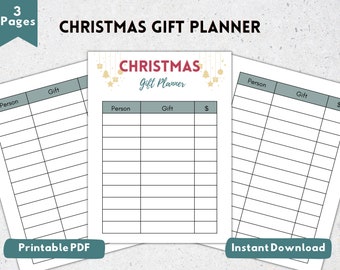 Peut inclure: Planificateur de cadeaux de Noël imprimable sur trois pages. Le planificateur comprend des sections pour la personne, le cadeau et le prix. Le planificateur a un thème de Noël festif avec des étoiles dorées et des ornements.