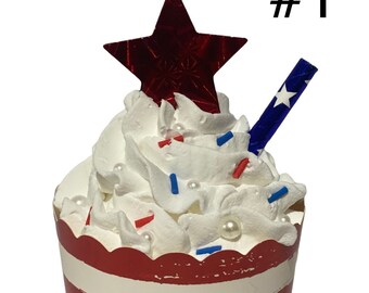 Fourth of July, patriotic, 4th of July, fake cupcakes, party decor, tiered tray, tiered trays, decor, party decor, tiered tray decor