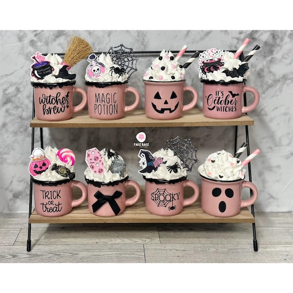 Halloween, Halloween decor, spooky, spiders, mini mugs, tiered tray decor, boo, ghost, pink halloween, spooky season, witches brew