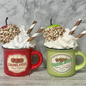 Fall, fall decor, Caramel, caramel apple, tiered tray, tiered tray decor, fake apple, mini apple, mini mug, mini mug decor, faux drink