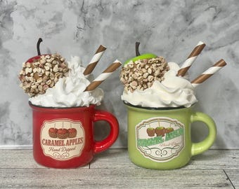 Fall, fall decor, Caramel, caramel apple, tiered tray, tiered tray decor, fake apple, mini apple, mini mug, mini mug decor, faux drink