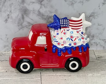 Mini truck, ceramic truck, truck,patriotic, patriotic teapot, tiered tray, tiered tray decor, America, USA, Fourth of July, Independence Day