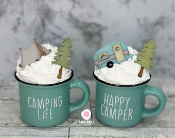 Camping, camping decor, happy camper, tent, camping life, mini mug, tiered tray, tiered tray decor, outdoors, outdoors life, outdoors living