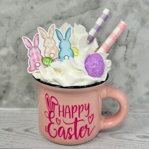 Easter, Easter decor, Easter decoration, tiered tray, tiered tray decor, happy Easter, peep peep, Easter bunny, bunny, hoppy Easter, Easter pink mug purple egg
